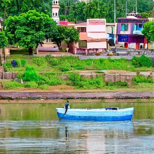small indian town, river, houses, artistic OpenArt