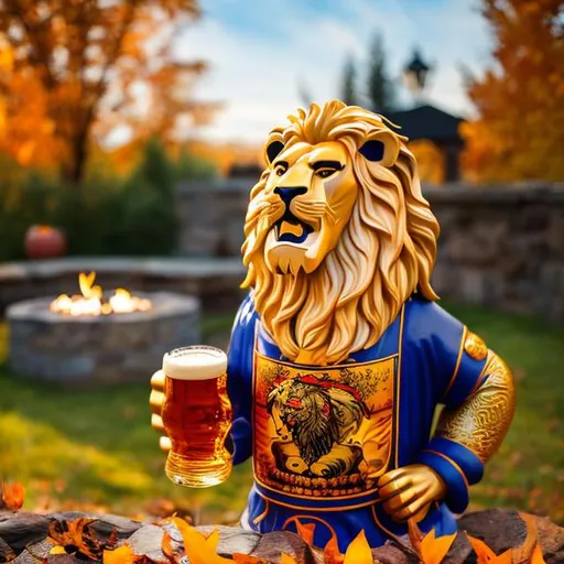 Prompt: smiling lion wearing a regal robe of royal blue and gold  with a large stein of beer in a beer garden with fiery fall foliage and a firepit 
