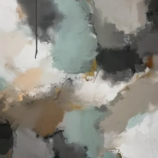 Prompt: Abstract painting. Flowing colors. Neutral dark greens, grey blacks, an d earth tones. Upward motion. Light and soft. Textured. Mostly white space. Rustic modern style. 