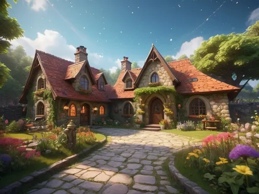 Prompt: (house makeover concept), Cottage meets School of Magic theme, picturesque cottage, mystical elements, warlock, enchanted forest surroundings, whimsical details, ivy-covered stone walls, enchanted garden, glowing fairy lights, cozy nooks, colorful blooming flowers, charming arched doorways, cobblestone pathway, spellbooks and potion bottles, warm and inviting ambiance, sunlight filtering through the trees, high-quality, ultra-detailed, 4K, cinematic lighting, vibrant and rich colors, magical, enchanting, whimsical atmosphere