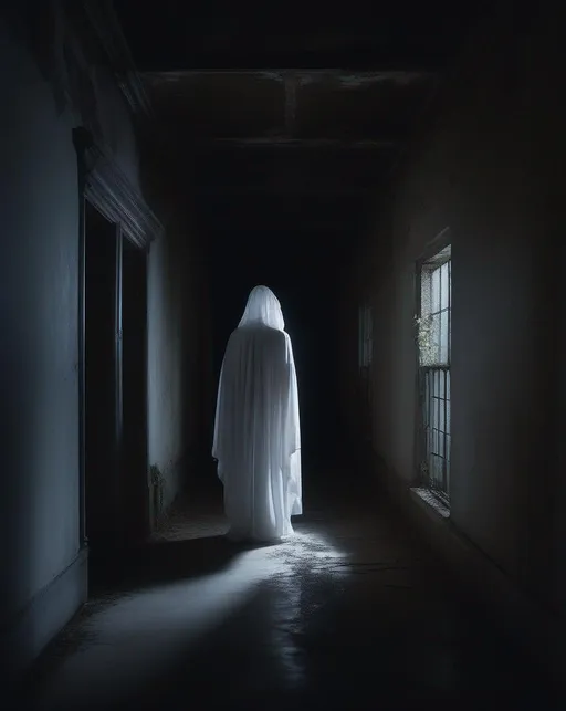Prompt: A ghostly pale translucent figure in flowing white robes floating down a dark abandoned hallway at midnight, illuminated only by shafts of moonlight from a tall gothic window. Shot from a low perspective looking up with a Sony A7S II full frame camera for low light capacity. The mood is haunting and creepy. 