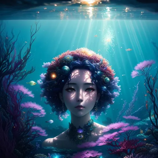 Prompt: painting of a water spirit, deep ocean, seaweed, an intricate and hyperdetailed matte painting by Ekaterina Savic, yoshitaka amano, fantasy art, movie poster, celestial, vaporwave, ethereal, sun rays, fireflies, lighting 8k