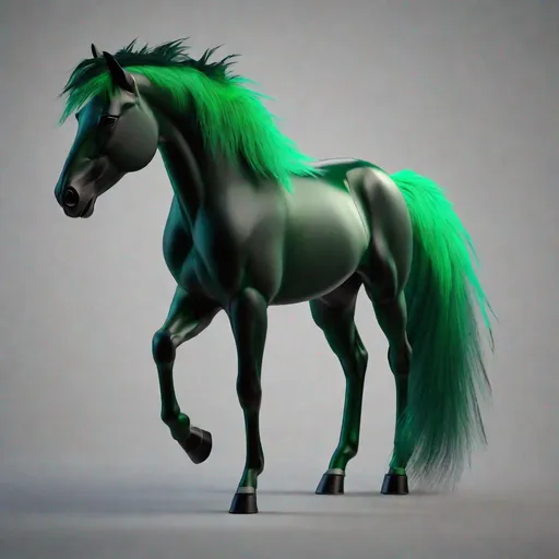 Prompt: horse animatronic hybrid, with focused emerald eyes. They identify as a Male. Emerald colored feathery tail. dark Green ombre mane and tail. UHD, HD, 4K, green haze, anime style, green and black coat