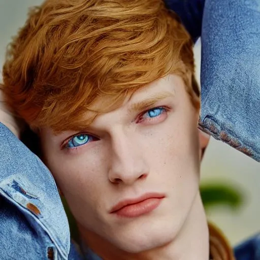 Prompt: beautiful guy student, soft smile, short ginger hair, curly hair, big blue eyes, freckles, skinny, highly detailed, professional photo, hdr, uhd, 64k