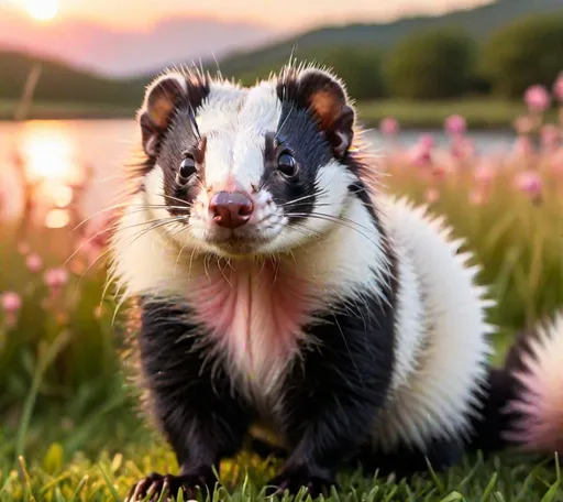 Prompt: small black and white skunk ferret hybrid, pink fly like eyes, large pseudo-pupil, fluffy tail with white stripe, sitting on grass, sunset lighting, detailed fur, highres, warm tones, realistic, detailed eyes, nature landscape