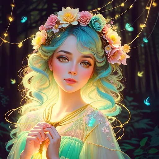 Prompt: front view painting of a beautiful girl, style of fragonard and Yoshitaka Amano (pastel hair with flowers, messy), ropes, ((forest background)), bioluminescent, (wearing intricate clothes), delicate, soft, fireflies, webs, silk, threads, ethereal, luminous, glowing, dark contrast, celestial, ribbons, trails of light, 3D lighting, soft light, vaporwave