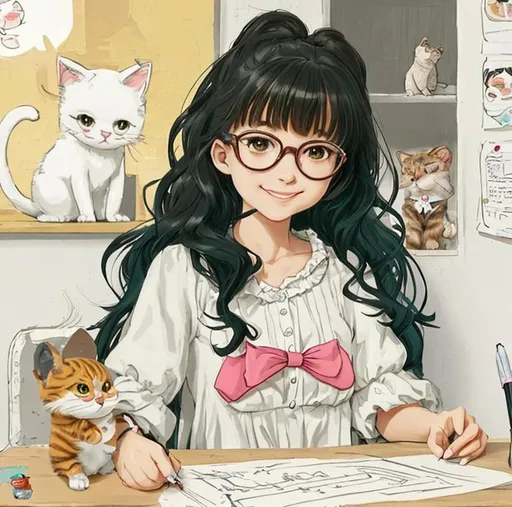 Prompt: a cute and young cartoon woman sitting at a desk with a cute small cat is sitting on her table, smiling, similar appearance with glasses and white dress, wavy and messy hair, front view, The artist has used a hyper-realistic style, with exceptional detail and sharp focus on every aspect of the girl's appearance. vibrant, colorful tones, and the overall effect is breathtakingly beautiful, near window