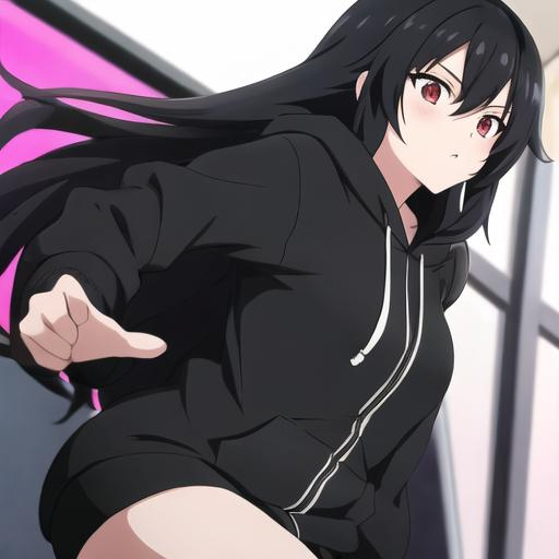 Black long hair anime high school cool girl with bla