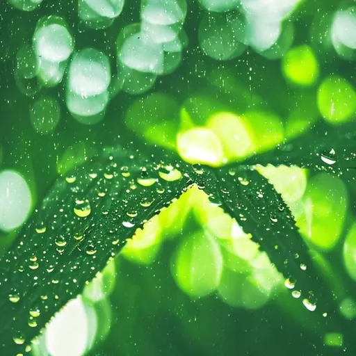Prompt: sad awake bright green light dew droplets rain leaves sunlight morning white rainy
