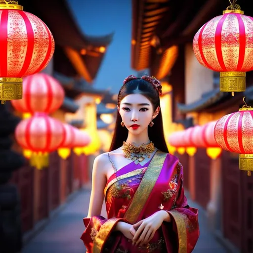 Prompt: HD 4k 3D professional modeling photo hyper realistic beautiful enchanting japanese woman dark hair pale skin dark eyes gorgeous face traditional pink dress and jewelry magical buddhist temple at night landscape lanterns hd background ethereal mystical mysterious beauty full body