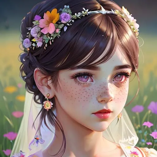 Prompt: cute girl with freckles, kid, high bun, flowers in hair, intricate, detailed face, by Ilya Kuvshinov and Alphonse Mucha, dreamy, pastel colors, honey, red lips, violet eyes, diadem, tiara, veil, earrings, sparkles, clouds, clear eyes