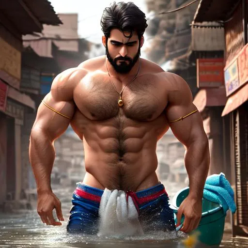 Prompt: (full body of "hyperreal hariyanvi" man, with rugged handsome  "cocky  face", real  hairy chest and armpits), and "washing clothes" in a "dirty  hyperreal kashmir alley", arena, perfect composition, hyperrealistic,super detailed,  8k, high quality, trending art,  trending on artstation, sharp focus, studio photo, intricate details, highly detailed, by greg rutkowski, hyper realistic, real image, deep fake