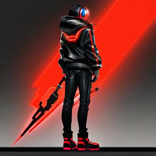 Prompt: Male character, black but red neon gas mask, cyber netrunner hood (black but neon red), neon red Sword In its Back, Red Mecha Cyber Jacket, black jeans, red shoes