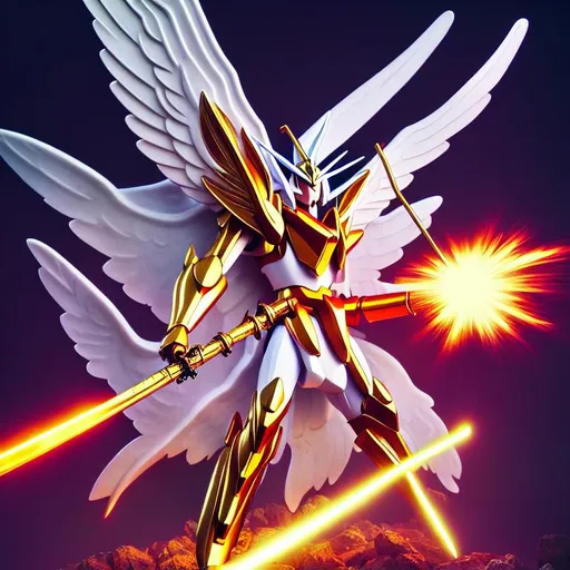 Prompt:  highly detailed godly supreme winged gundam wearing big cross glowing symbol and glowing scythe, rhads, beeple, alphonse mucha, akira toriyama, clever global illumination, highly detailed and intricate environment, explosion of crystals, madhouse studio, hdr forest