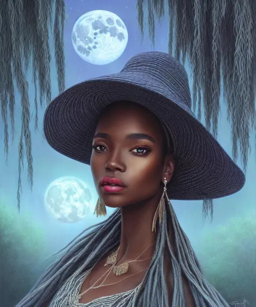 Prompt: An ethereal highly detailed painting of a very beautiful 1990's well to do black woman, dress, hat, perfect complexion, gorgeous face,
short whispy hair, award-winning,  Cinematic fantasy atmosphere, weeping willow, full moon, cgi, artgerm