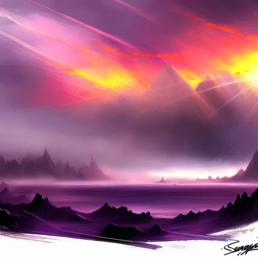 Prompt: landscape concept art, sandstorm strong winds, Sprague de Camp style, purple desert, purple crags, red sky, sun rays