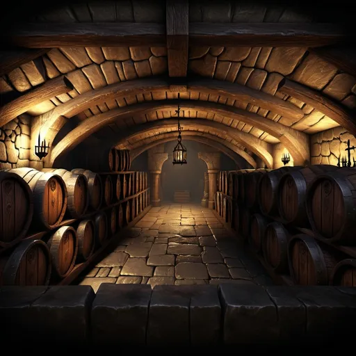 Prompt: Warhammer fantasy RPG style ultra realistic medieval cellar, detailed stonework, ultra realistic textures, dim torchlight, detailed wooden barrels, eerie atmosphere, highres, dark fantasy, atmospheric lighting, rugged textures, gloomy ambiance, ancient architecture, mysterious shadows, immersive, gritty, detailed props, dark mist