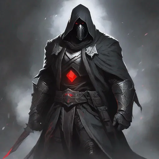 Prompt: Tall, Intimidating, Large, male, Solomon Grundy/goliath DnD build, black hair,  very dark grey scarred skin, covered in bandages, dark tattered cloth armor exposes his midriff, hood of magical darkness mask like Xûr, Agent of the Nine in destiny that covers entire face, large red gem between pecs in chest, Path of the Zealot Barbarian, Strong, wielding large two-handed great-axe