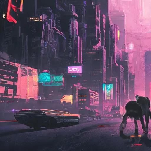 Prompt: a super cool wallpaper for my computer that includes a cyberpunk type city with some dogs on the road  
