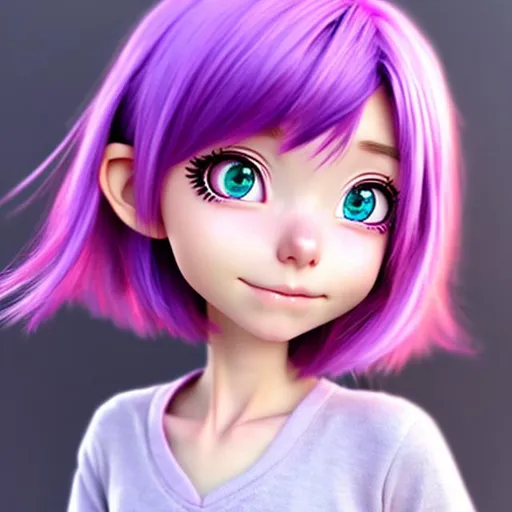 Prompt: anime style, girl, cute, cadpat, skinny, small, pink and purple hair, blue eyes, cgi