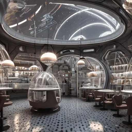 Prompt: futuristic vienna cafe on domed moon base, realistic details, photorealistic, 8k render, cinematic lighting, ultra detailed