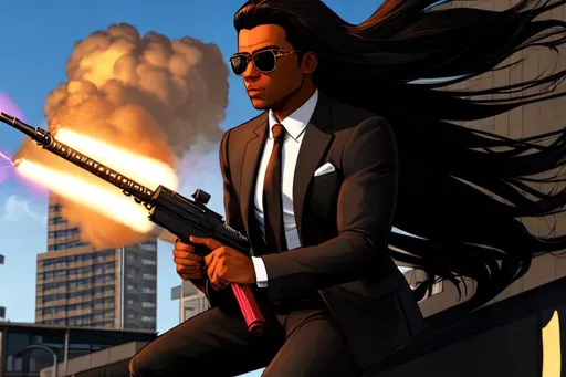 Prompt: gta artstyle, full body, man with brown skin, suit, long black hair, sunglasses, jumping off building, rocket launcher, explosions,