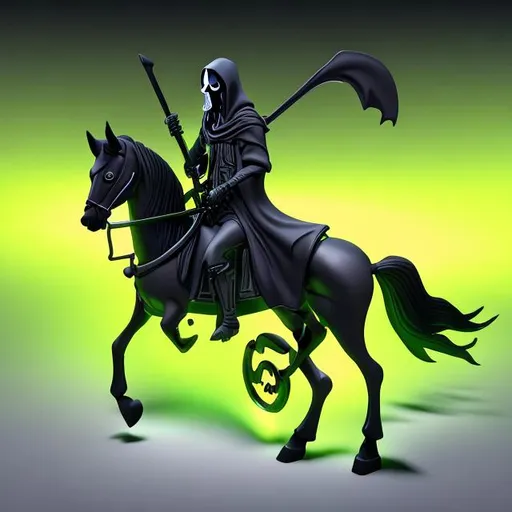 Prompt: The Grim Reaper with a safety light on the scythe. He is riding a lime green horse. Horse and rider are both facing forward from a transparent background. 