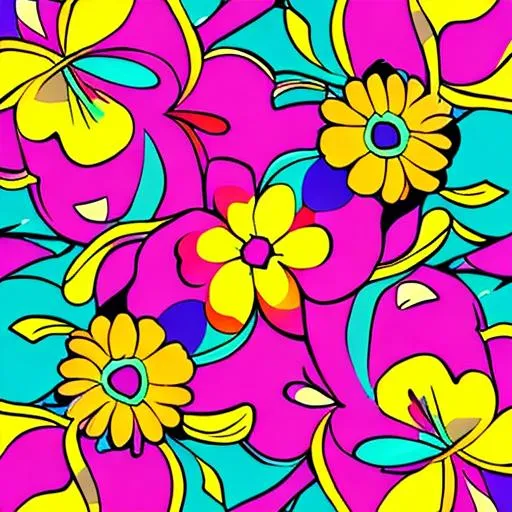 Prompt: Lisa Frank style illustration of floral pattern background, outlined