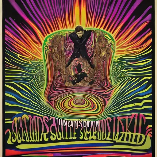 Prompt: Psychedelic poster for a play called “Sounds Impossible”about a magician who played piano