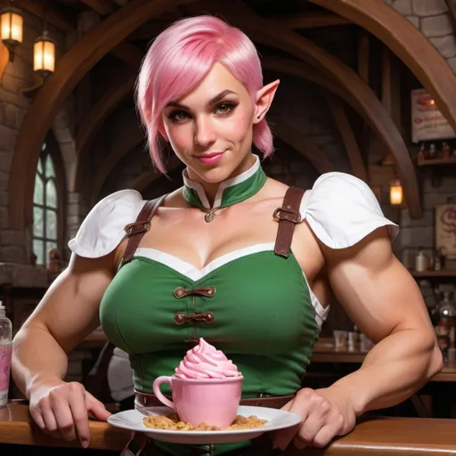 Prompt: Dungeons and dragons clothed elf waitress that has the body type of a buff body builder with short pink hair