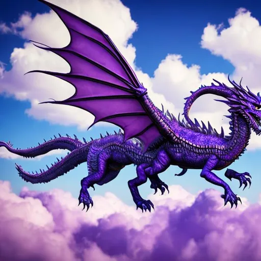Prompt: A giant purple dragon flying in a blue sky