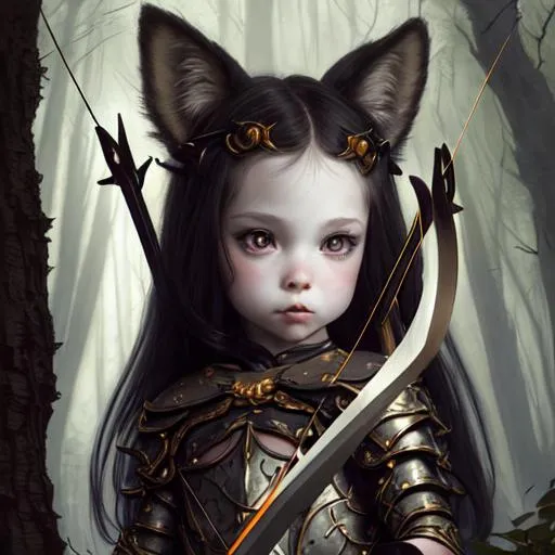 Prompt: chiaroscuro, Victorious full-body painting of a beautiful toddler girl with wolf ears, pale skin, bow and arrow, Forest setting, wearing battle armor, posing, dark colors,  hyperdetailed, intricately detailed, insanely detailed, beautiful eyes, beautiful face, Greg Rutkowski, Odd Nerdrum, Karol Bak, Fursona, kemono, kemonomimi