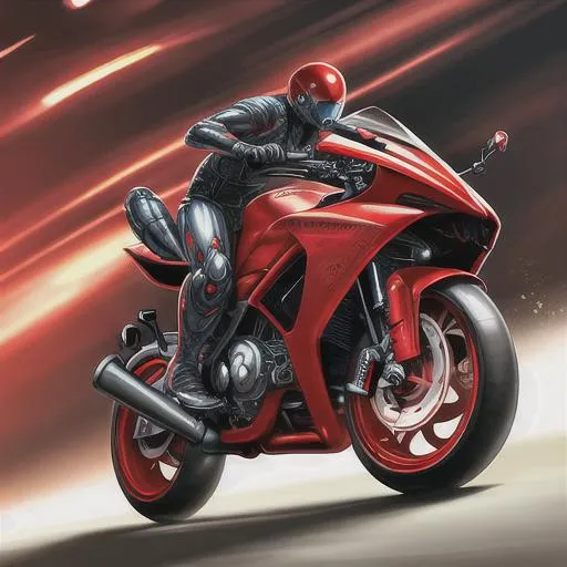 Prompt: Futuristic robot, agile, dangerous, red, realistic, exposed mechanics, strong, full body picture, riding motorcycle, in action