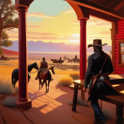 Prompt: Red Dead Revolver, cartoony, sunny atmosphere, extremely detailed painting by Greg Rutkowski and by Henry Justice Ford and by Steve Henderson