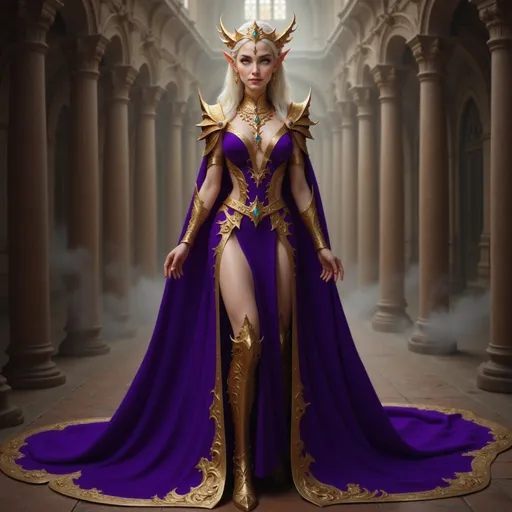 Prompt:  @VITLFRBSebJkkO8huw5E adorned in purple lavish, intricate royal attire, exuding an air of power and elegance, adorned with ornate jewelry and accessories, set against a dramatic, shadowy background, evoking a sense of mystique and allure, high detail, vibrant colors, fantasy realm ambiance.
