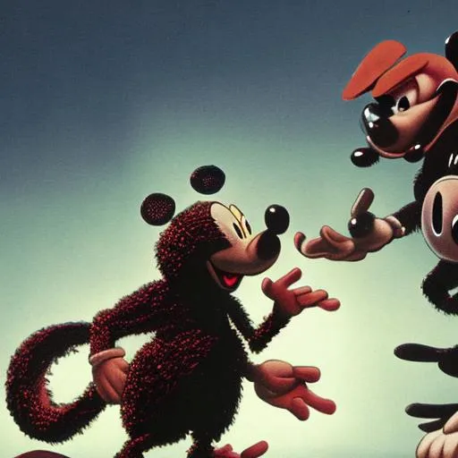 Prompt: Mickey mouse spider fighting godzilla 
