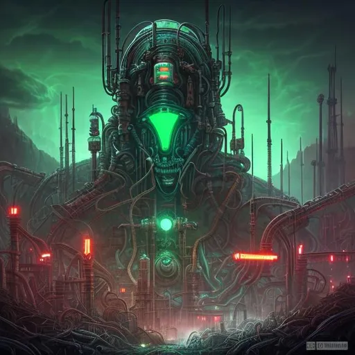 Prompt: Fantasy art style, painting, metal, chrome, Evil, dictatorship, green neon lights, neon lights, green lights, futuristic, power plant, nuclear power, biological mechanical, dystopian, war machine, pipes, tubes, cables, nuclear weapons, weapons, monolith, eyes, teeth, brutalist, fog, smog