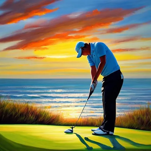 painting of golfer on a golf course with an ocean su