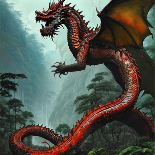 Prompt: Landscape painting, lush and dark jungle, one fire-breathing Asian dragon with red scales, dull colors, danger, fantasy art, by Hiro Isono, by Luigi Spano, by John Stephens