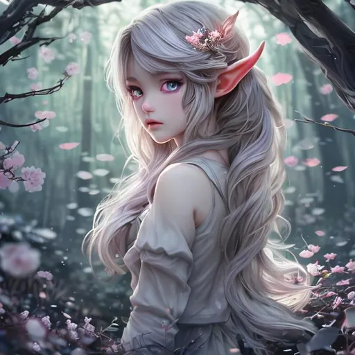 Prompt: (masterpiece) (highly detailed) (top quality) (cinematic shot)  anime style, front view, goddess of dark forest, instagram able, 1girl with elf ears walking into the forest, reflections, depth of field, 3D illustration, professional work, long hair, blonde hair, centered shot from below, dark blue eyes, cherry blossom dark forest, sunlight background, calling us to folow her.