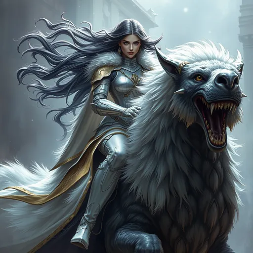 Prompt: (epic fantasy character art), a woman with (long flowing dark hair), wearing (white metallic armor) and a (white and gold furry cape), riding on a majestic mythical creature, capturing the grandeur of a fantasy realm, intricate detail, full of dynamic movement, rich textures, enchanted atmosphere, dramatic lighting, vivid contrast, inspiration from Aleksi Briclot's furry art, ultra-detailed, high quality.