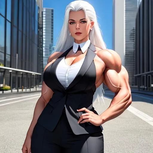 Prompt: {{white hair}}
{{woman, enormous muscles, giant muscles, muscular woman, hulking, flexing, biceps, full body}}
{{{{business suit, jacket}}, office}}
perfect face, perfect body, photorealistic, hyperrealistic, photograph, 22mm lens, 4k, hard lighting