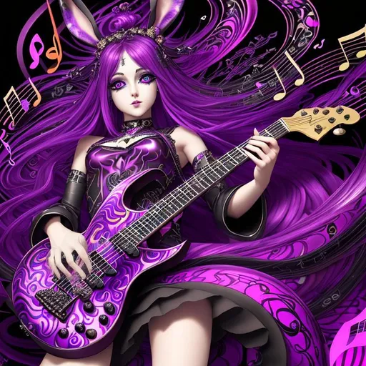 Prompt: beautiful freeform dark chaos vivid bold, 3D, HD, [{one}({liquid metal {one}{Rabbit}Guitarist, focus on perfect finger and hands, Beautiful big reflective eyes]::2, (musical notes) with {purple gold pink green red silver blood}ink), expansive psychedelic background --s99500 