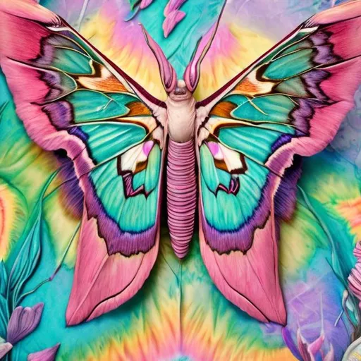 Prompt: Pastel atlas moth diorama in the style of Lisa frank