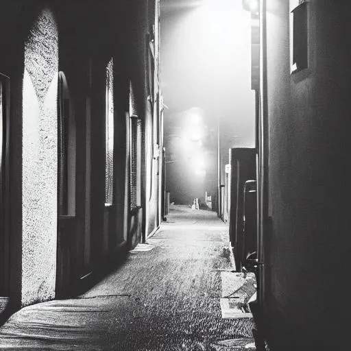 Prompt: photo of a dark street with some street lights in low colour