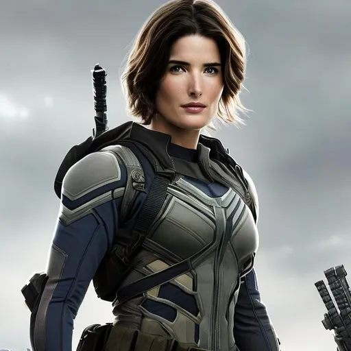 Prompt: cobie smulders, scifi winter soldier, warrior, armor, camo white, navy seal, winter