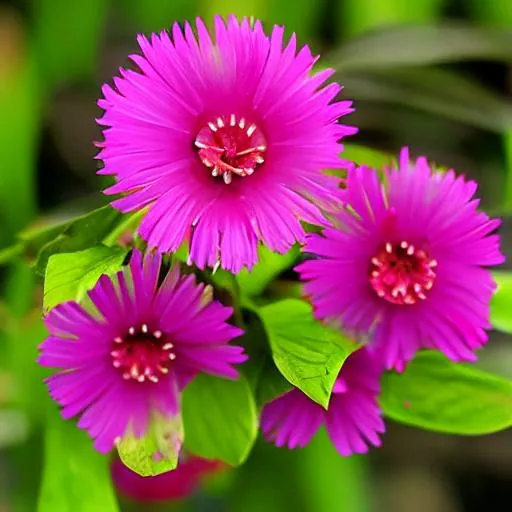 Prompt: Fuschia Pigface flower with narrow delicate petals and yellow centre of the flower