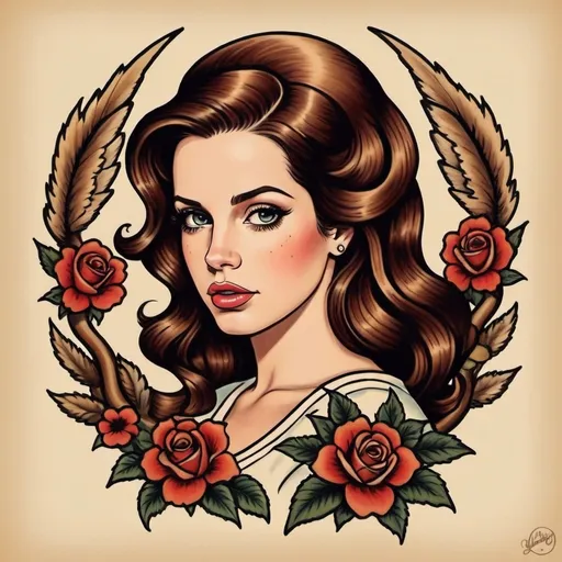 Prompt: show me tattoo ideas of lana del rey in the sailor jerry tattoo art style
