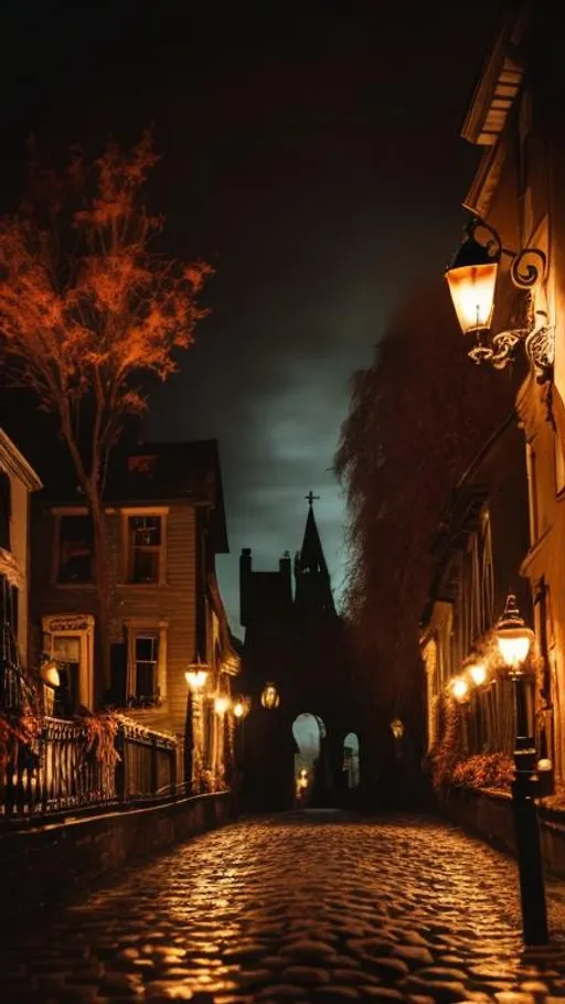 Prompt: A dark photo from a I Spy Book of a spooky miniature fall lofi witch haunted town village bridge lined with lit street lights and cute buildings and shops and lit up windows and falling autumn leaves covering the ground at night in the style of Tim Burton