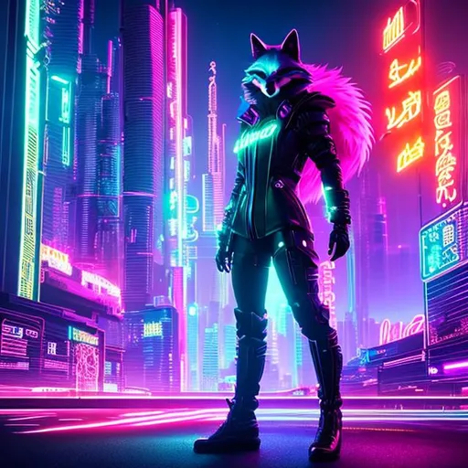 Prompt: Full body in shot. Epic. ((Ultra-detailed depiction)). (Beautiful and aesthetic:1.2). synth-wave, aesthetic cyberpunk, vivid colors, Detailed Illustration. Miami, highway, dusk, neon lights, coastal highway, anthropomorphic fox, fluffy, poofy tail, long hair ponytail, sorcerer,  body suit, trench coat {gold trim},